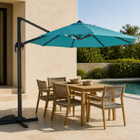Parasol de terrasse autoportant de 3 m avec design suspendu décalé, auvent turquoise, levage à manivelle et base croisée pour jardin