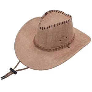 时尚男士棉/亚麻西部草帽牛仔帽男士牛仔帽沙滩太阳帽