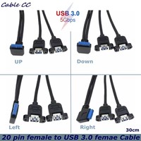 USB3.0 90 ° Cable de Panel USB 3.0 A Hembra a Doble Puerto USB 3.0 A Hembra, Conector en Ángulo Recto de 20 Pines, para Placa Base USB 3.0 de 19/20 Pines