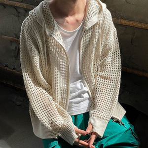 Custom <strong>Mens</strong> Crochet Knit Hoodie Zip up Hollow Out Mesh Streetwear Loose Fit Summer Knit <strong>Jumper</strong> for <strong>Men</strong> Wholesale OEM - Product Image 3