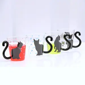 الكرتون طباعة مضحك فنجان شاي الوردي 3d الحيوان لطيف القط الأسود chape مج القهوة الزجاجي مع مقبض للأطفال