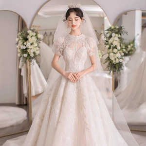 French Style Vintage Inspired Ball Gown Wedding Dress High Neck Short Sleeve Princess Waist Long Train X085 - Product Image 1