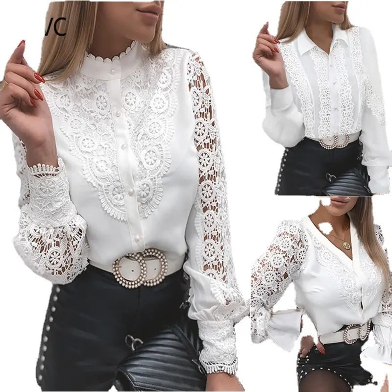 Fashion Ladies' White Long Sleeve Lace Top Blouses Casual Hollow Flower Office Shirts For Women blusas de mujer