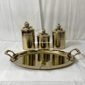 Ensemble de boîtes en acier inoxydable plaqué or avec couvercles étanches et plateau, design cylindrique martelé, pour cadeaux et rangement de thé en cuisine - Product Image 1