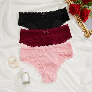 Großhandel Hot Sale Damen Kurze Unterwäsche Mittlere Taille Bequeme Atmungsaktive Tägliche Schleife Gerippte Nahtlose Spitze Damen Höschen Slips - Product Image 2