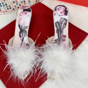 Fabricante personalizado de alta calidad de cristal de las mujeres de tacón Peep Toe Sexy Stiletto sandalias últimas elegantes plumas blancas piel mulas suma - Product Image 3
