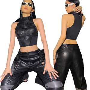 Débardeur court à col roulé pour femme, style street punk, en Spandex/Polyester, respirant, écologique, tricoté en PU, coupe ajustée, uni, effet délavé - Product Image 1