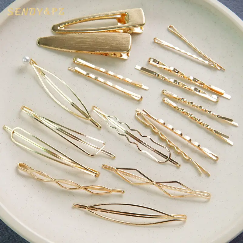 wholesale newest Design simple geometric metal Clips Girls fashion gold Pearl Hairpins clip hair accessories