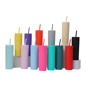 16oz Plastic skinny tumbler cup double wall AS plastic tumbler mug BPA free with straw lid 480ml juice cup insulated colors