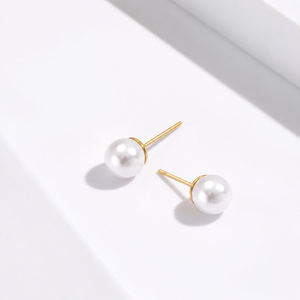 Boucles d'oreilles clous imitation perle en acier inoxydable plaqué or 14 carats sous vide, rondes 6 mm, bijoux classiques - Product Image 1