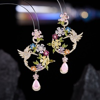 Boucles d'oreilles pendantes rétro en émail floral et oiseaux, style chinois, serties de diamants, en cuivre électroplaqué pour femmes - Ornements d'oreille vintage