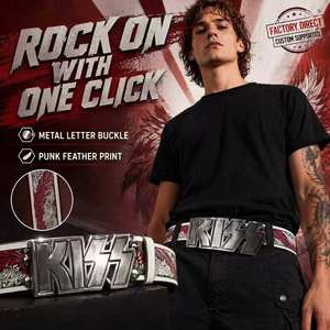 KISS バンド ヒップホップ スタイル 合金プレート バックル ベルト 熱転写プリント ユニセックス ファッション アクセサリー 幅 3.8 センチメートル 長さ調節可能 - Product Image 1
