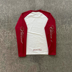 Maillot de baseball brodé personnalisé à manches longues blanc et rouge, col ras du cou raglan, t-shirt décontracté pour homme 100 % coton coupe classique - Product Image 3