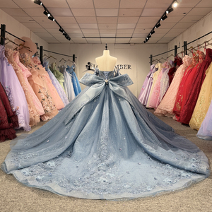 Robe de bal élégante LSBB61 avec strass, coupe Empire, motif floral bleu, perles, appliques en dentelle et nœud pour Quinceañera - Product Image 4