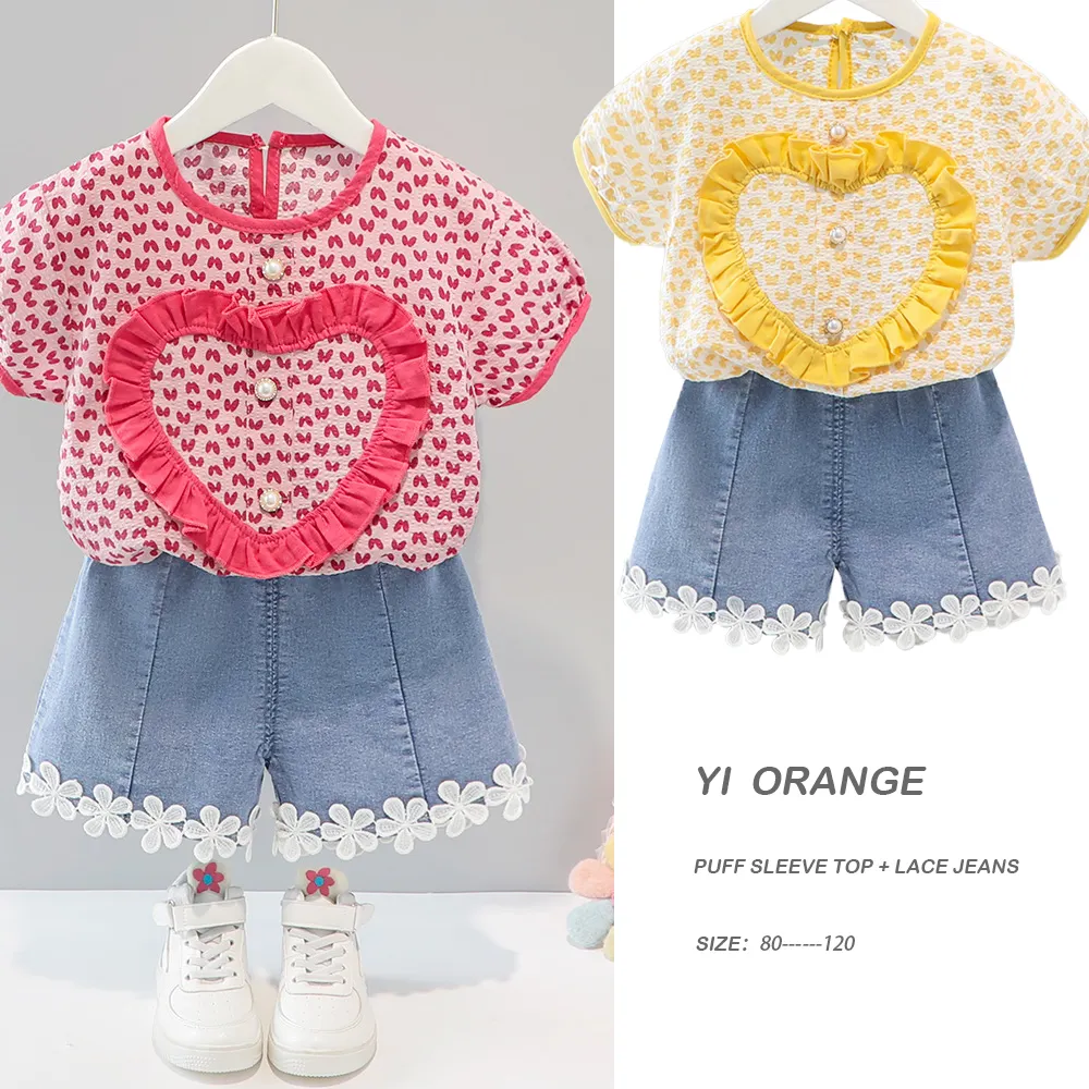 Summer 2022 Breathable Cotton Printed Crepe Bubble Short Sleeve Top and Lace Denim Casual Shorts 3-5 Years Old 2 Piece Set