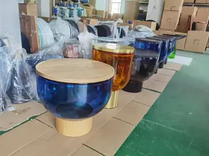 Modern Gold Luxury Glass Round Top Side Mastea Coffee Table Toughened Colorful Glass Bronze Aluminum Solid Wood
