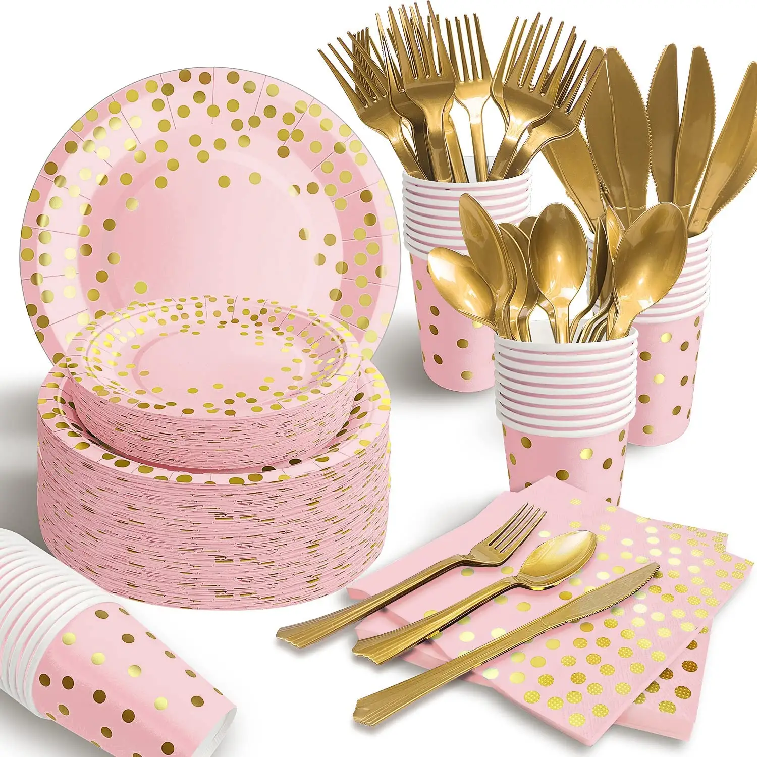 350PCS Pink Party Supplies, 50 Guests Golden Dot Pink Party Plates and Napkins Party Supplies for Baby Shower Birthday