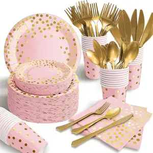 مستلزمات الحفلات الوردية من 50 ضيفًا ، مستلزمات الحفلات باللون الذهبي والوردي ومناديل لحفلات عيد ميلاد الطفل والاستحمام
