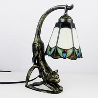 Lampe de table en verre Tiffany vintage LongHuiJing de 6 pouces avec motif de chat et de fleurs pour les restaurants, décoration élégante pour la maison et éclairage de bureau