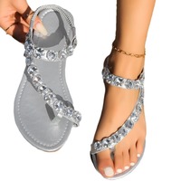 Sandales plates pour femmes avec strass, bride élastique à la cheville, bout ouvert, pour l'été et la plage, décontractées, personnalisables