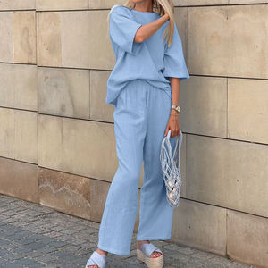 Set Due Pezzi Estivo 2026 per Donna, T-shirt a Spalla Scesa e Pantaloni in Cotone Azzurro, <span class=keywords><strong>Abbigliamento</strong></span> Casual <span class=keywords><strong>Femminile</strong></span> - Product Image 1