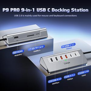 Hub USB-C de 9 Puertos 4K para PD 100W, Aluminio, 2 USB 3.2, 2 USB 2.0, Lector de Tarjetas SD/TF para Laptops/iPad/<span class=keywords><strong>iPhone</strong></span> 17/<span class=keywords><strong>MacBook</strong></span> - Product Image 2