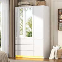 Armoire moderne en bois noir à 3 portes avec portes coulissantes, tiroirs, miroir, tringle à vêtements et éclairage LED RGB pour chambre à coucher