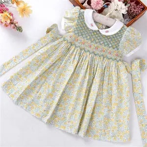 Boutiques Toddler Baby Girls Smocked Dresses Floral Hand Made Cotton Satin Wholesale Smocked Children Clothing