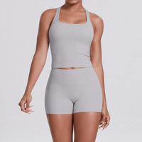 Ensemble 2 pièces de sous-vêtements de sport moulants respirants à double face, couleur unie, dos en I, pour femmes, course à pied (7122+7101)