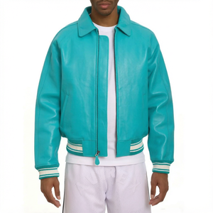 <b>Men</b> Leather Bomber <b>Jacket</b> Custom Logo Zip Up Regular Fit Windproof Streetwear Outerwear Pilot Leather <b>Jacket</b> - Product Image 1