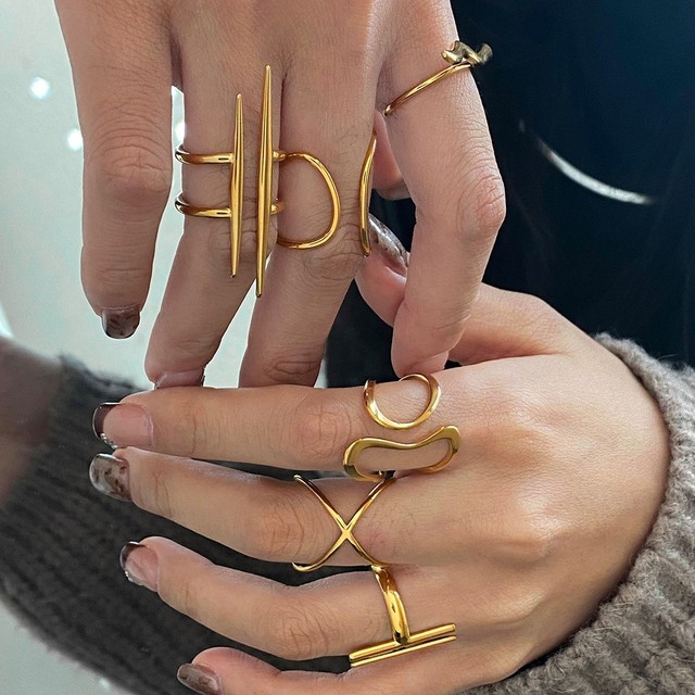 Chunky Rings 316L Stainless Steel Rings Irregular Line Shape 18K Gold Stainless Steel Adjustable Rings