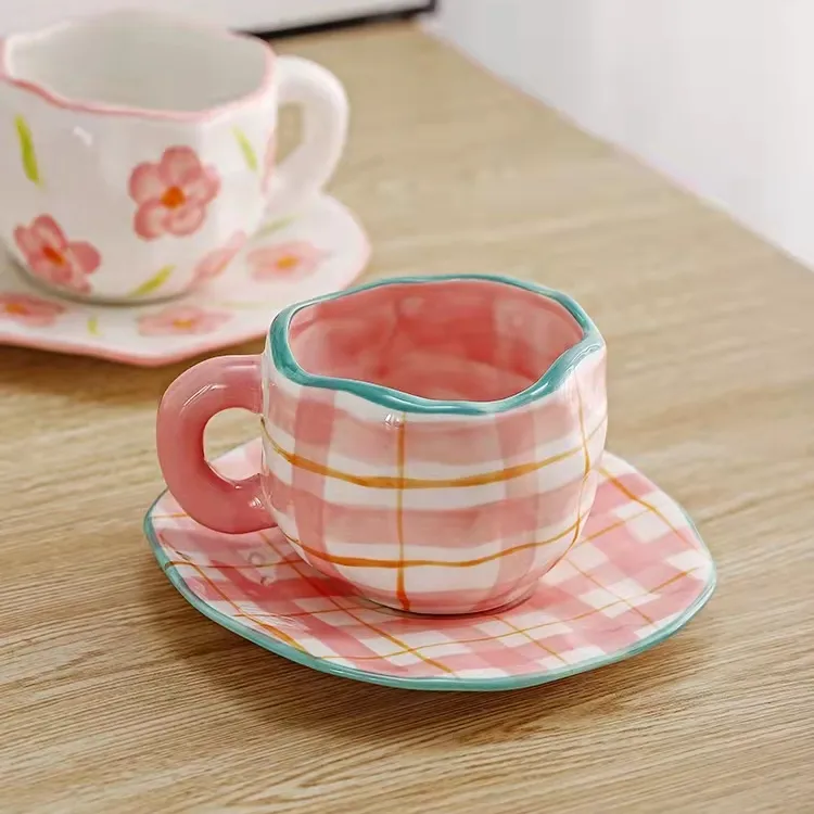 SYL INS retro girl heart hand pinching ceramic mug afternoon tea hand-painted striped water coffee cup saucer set