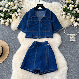 Nuevo otoño Color sólido Stitch Pockets Jeans Camisa Falda Conjunto Conjuntos de mezclilla para <span class=keywords><strong>mujer</strong></span> - Product Image 2