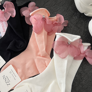 Zapatos de Tacón con Flores y Borde Quemado, Decorativos, Tejidos, Casuales, de Algodón Rizado, para Mujer, en Blanco y Negro, Estilo Hada, para Primavera y Otoño - Product Image 3