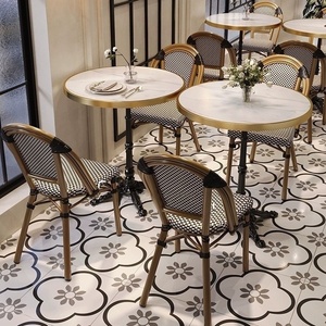 Ensemble table et chaises de salle à manger en ardoise, style vintage moderne français, pour usage commercial extérieur décontracté, cafés, restaurants, boulangeries - Product Image 2