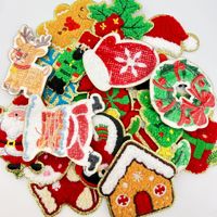 Patchs de Noël en chenille dorée à paillettes, à thermocoller, motif renne et canne à sucre