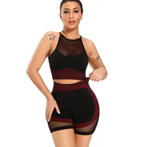 Комплект спортивных шорт Женский, красивый бесшовный эластичный облегающий комплект с бюстгальтером на спине для фитнеса, одежда для воркаута и йоги