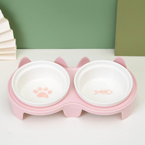 Cat Feeding Bowl Set Ceramic Dual Dish <b>Pink</b> Paw And Fish Design For Cats - Product Image 1