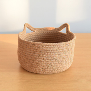 Handmade Woven Cat Ear Storage <b>Basket</b> Round 1-3L Desktop Organizer For Toys And Cosmetics - Product Image 3