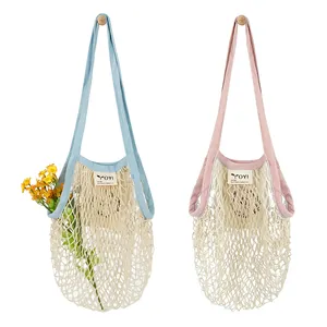 BSCI Supplier LOGO Printing Organic Eco Friendly Reusable Durable Fruit Foldable Cotton Mesh Grocery Net Bag For Vegetables