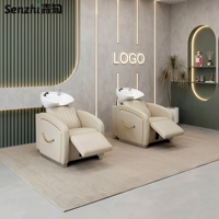 Fauteuil de lavage moderne de luxe incurvé avec cuvette en céramique, repose-pieds réglable, couleur personnalisable, pour salon de coiffure