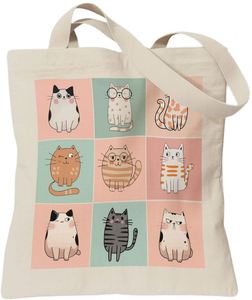 Sac fourre-tout pour femme TOTEUSVIA à imprimé chat, sac en toile à ouverture supérieure pour le shopping, le travail et l'école - Lavable en machine - Product Image 1