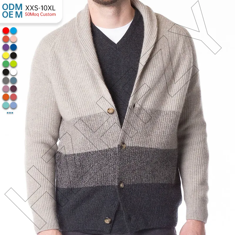 Wholesale Mens Merino Wool Stylish Shawl Collar Cardigan Sweaters Cable Knit Button Shawl Chunky Color Block Knitted Cardigans