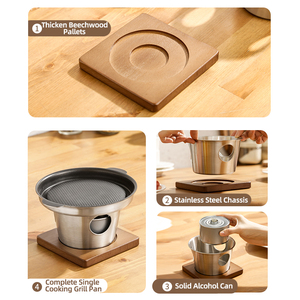 Réchaud à alcool portable en acier inoxydable avec poêle grill antiadhésive sans fumée, mini-cuisinière avec base en bois pour steak, barbecue et <span class=keywords><strong>fondue</strong></span> - Product Image 6