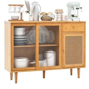 Buffet LOKO moderne en bambou avec portes coulissantes en verre trempé et portes en rotin, bar à café bohème pour salon - Product Image 1