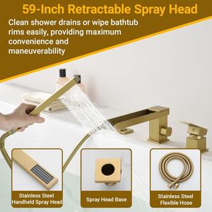 Grifo de bañera de latón dorado de un solo orificio para montaje en cubierta, juego de 3 orificios, con caño en <span class=keywords><strong>cascada</strong></span> y válvula pulverizadora de mano para uso hotelero - Product Image 4