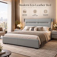 Lit rembourré en cuir écologique gris avec éclairage intelligent à capteur, cadre de lit réglable, mobilier de chambre moderne rembourré