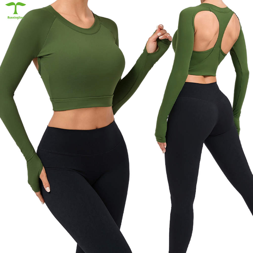 Custom logo Women Clothes Tight Breathable Yoga Long Sleeved Top Gym Fitness Yoga Top Backless T Shirt for Ladies