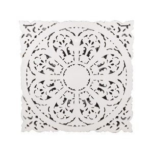 Panneau mural en bois sculpté à la main – Décoration murale 3D Mandala floral – Grande plaque carrée sculptée blanchie à la chaux – Décoration Jodhpur - Product Image 3