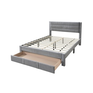 Luxury Modern Soft Bed Queen Size Storage Drawer Gray Corduroy Headboard <b>Pine</b> Wood Eco-Friendly Bedframe - Product Image 4